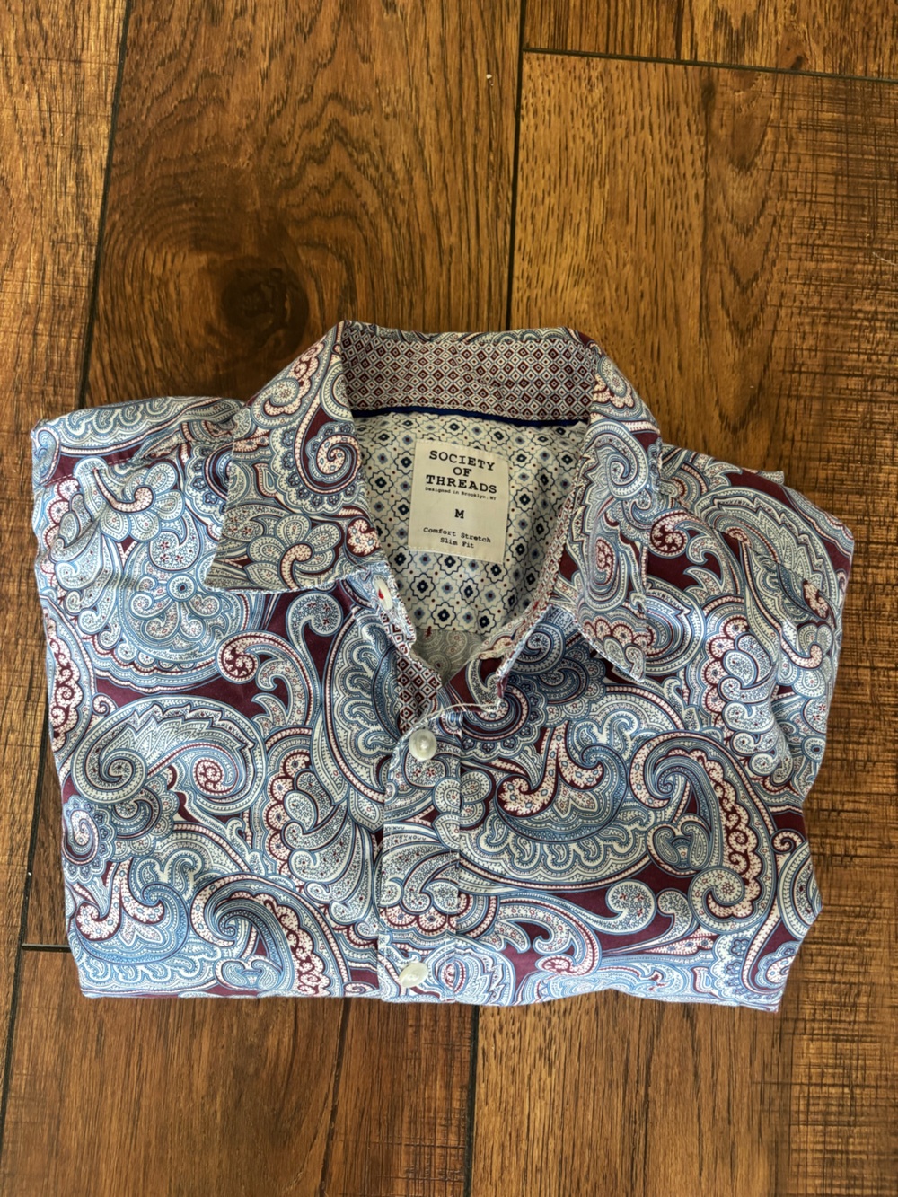 Society Of Threads Paisley Button-Down Shirt in Light Blue & Burgundy